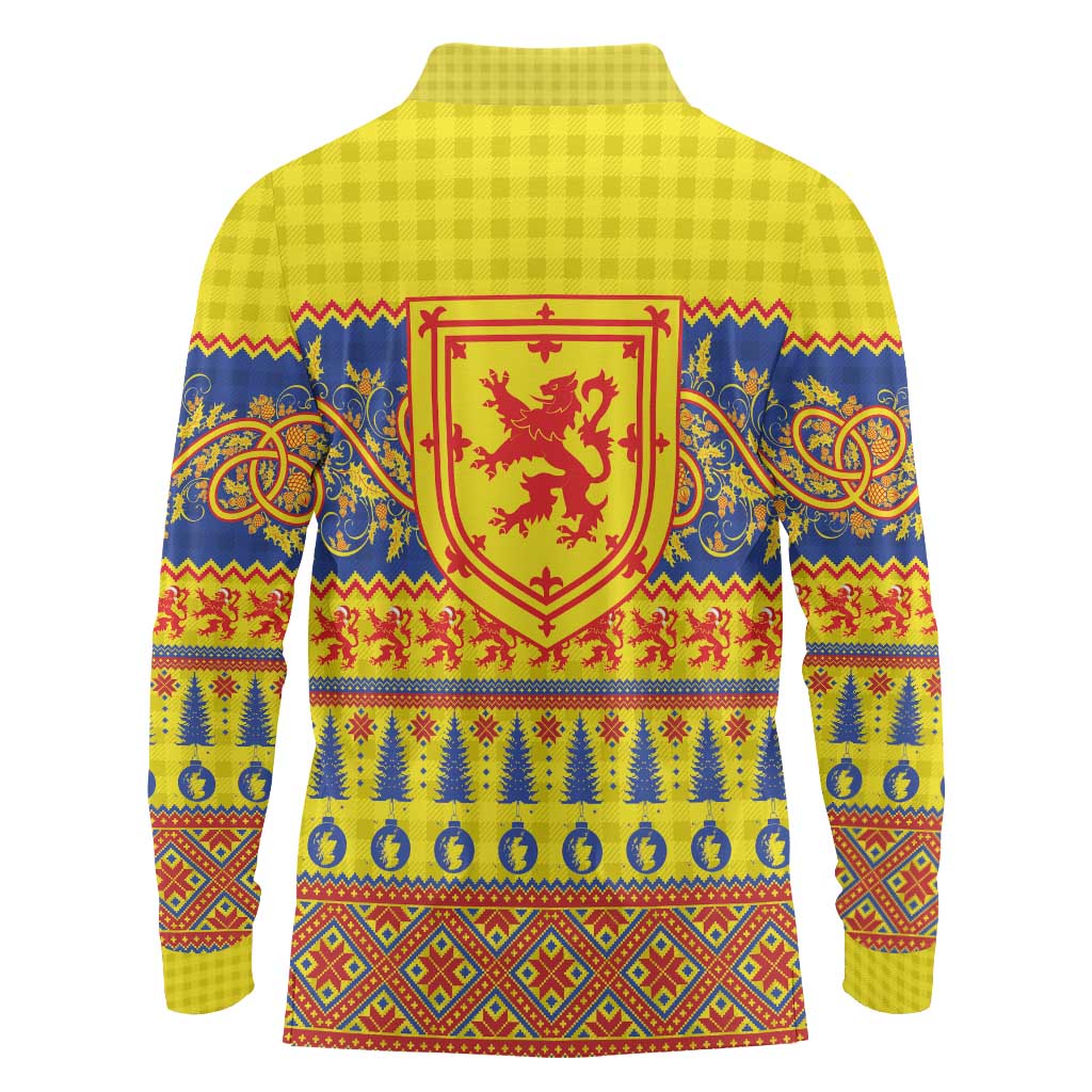 Scottish Christmas Long Sleeve Polo Shirt Scotland Thistle and Celtic Knot Yellow-Red Color - Wonder Print Shop