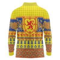 Scottish Christmas Long Sleeve Polo Shirt Scotland Thistle and Celtic Knot Yellow-Red Color - Wonder Print Shop