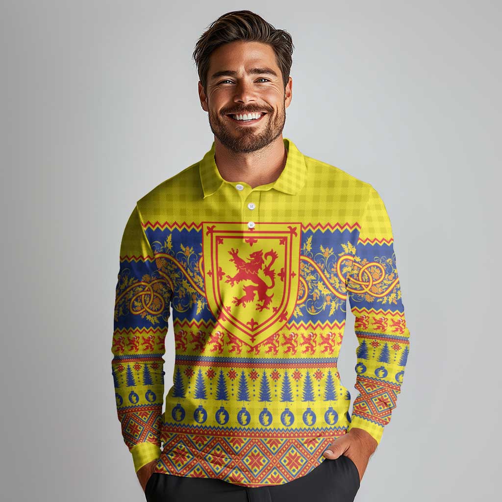 Scottish Christmas Long Sleeve Polo Shirt Scotland Thistle and Celtic Knot Yellow-Red Color - Wonder Print Shop