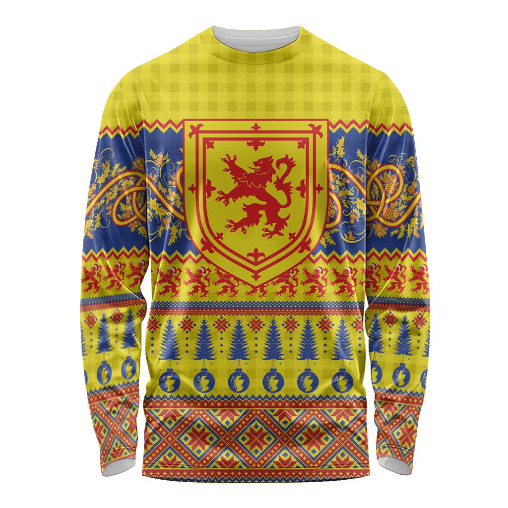 Scottish Christmas Long Sleeve Shirt Scotland Thistle and Celtic Knot Yellow-Red Color - Wonder Print Shop