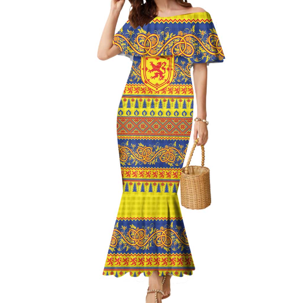 Scottish Christmas Mermaid Dress Scotland Thistle and Celtic Knot Yellow-Red Color - Wonder Print Shop
