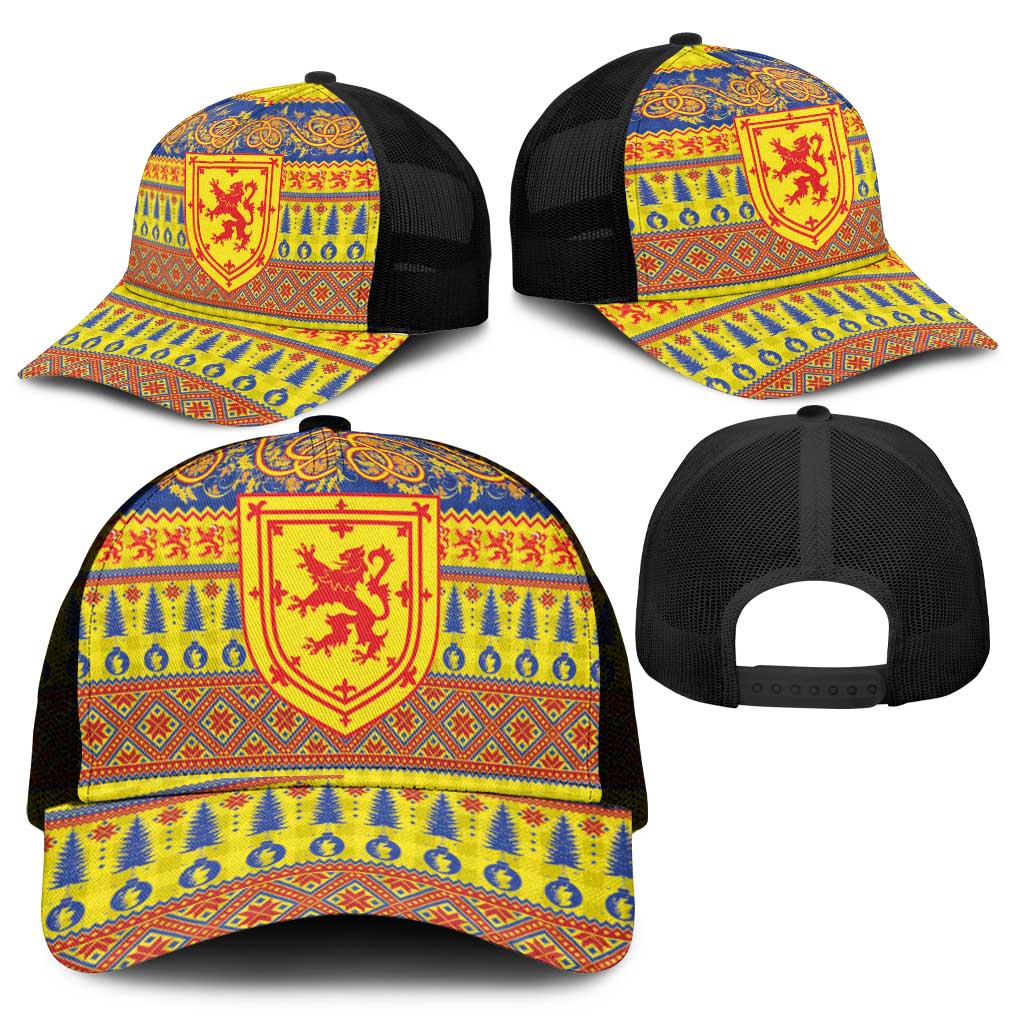 Scottish Christmas Mesh Trucker Cap Scotland Thistle and Celtic Knot Yellow-Red Color - Wonder Print Shop