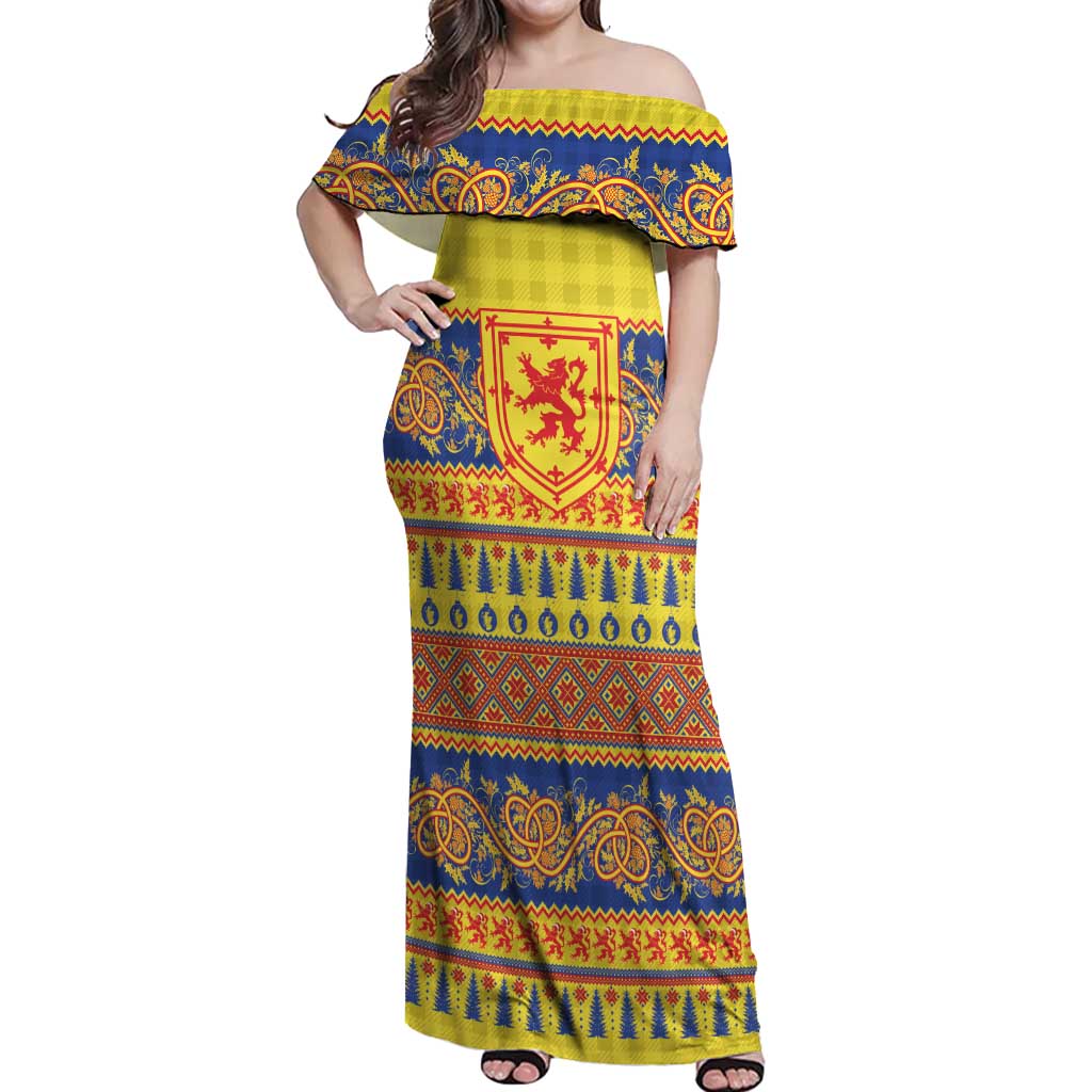 Scottish Christmas Off Shoulder Maxi Dress Scotland Thistle and Celtic Knot Yellow-Red Color - Wonder Print Shop