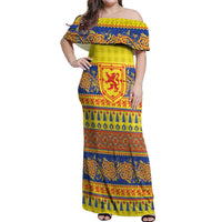 Scottish Christmas Off Shoulder Maxi Dress Scotland Thistle and Celtic Knot Yellow-Red Color - Wonder Print Shop