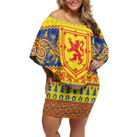 Scottish Christmas Off Shoulder Short Dress Scotland Thistle and Celtic Knot Yellow-Red Color - Wonder Print Shop