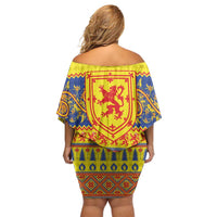 Scottish Christmas Off Shoulder Short Dress Scotland Thistle and Celtic Knot Yellow-Red Color - Wonder Print Shop