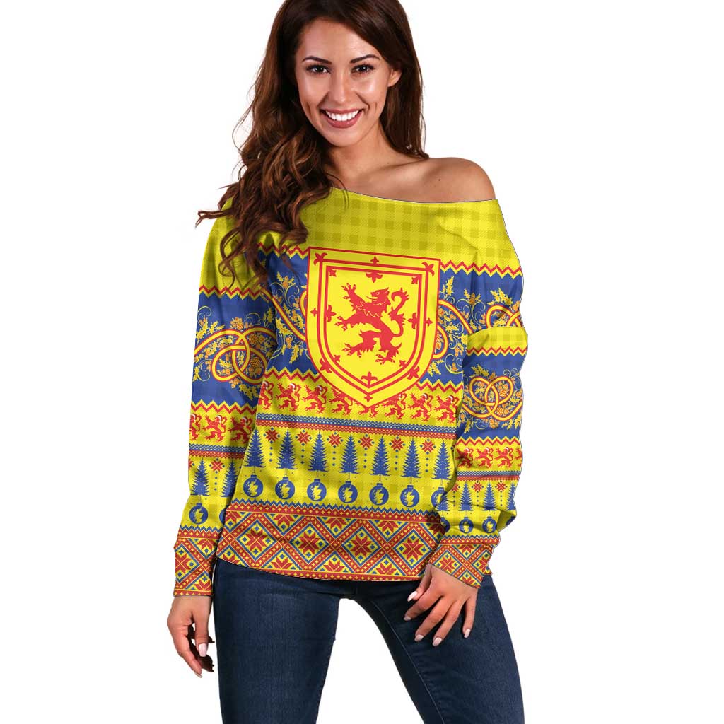 Scottish Christmas Off Shoulder Sweater Scotland Thistle and Celtic Knot Yellow-Red Color - Wonder Print Shop