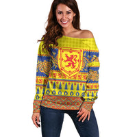 Scottish Christmas Off Shoulder Sweater Scotland Thistle and Celtic Knot Yellow-Red Color - Wonder Print Shop