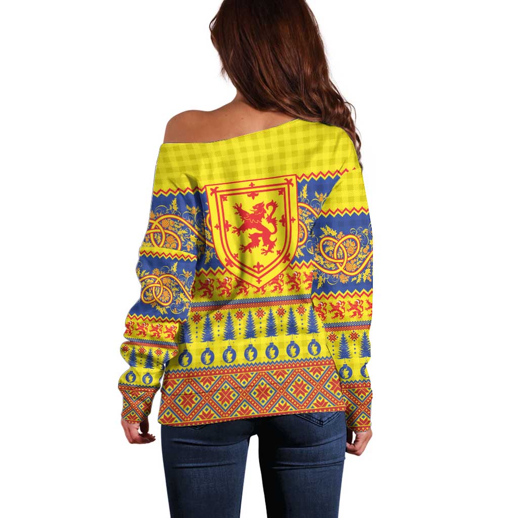 Scottish Christmas Off Shoulder Sweater Scotland Thistle and Celtic Knot Yellow-Red Color - Wonder Print Shop