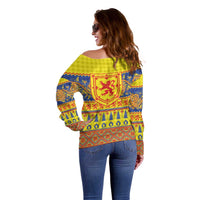 Scottish Christmas Off Shoulder Sweater Scotland Thistle and Celtic Knot Yellow-Red Color - Wonder Print Shop
