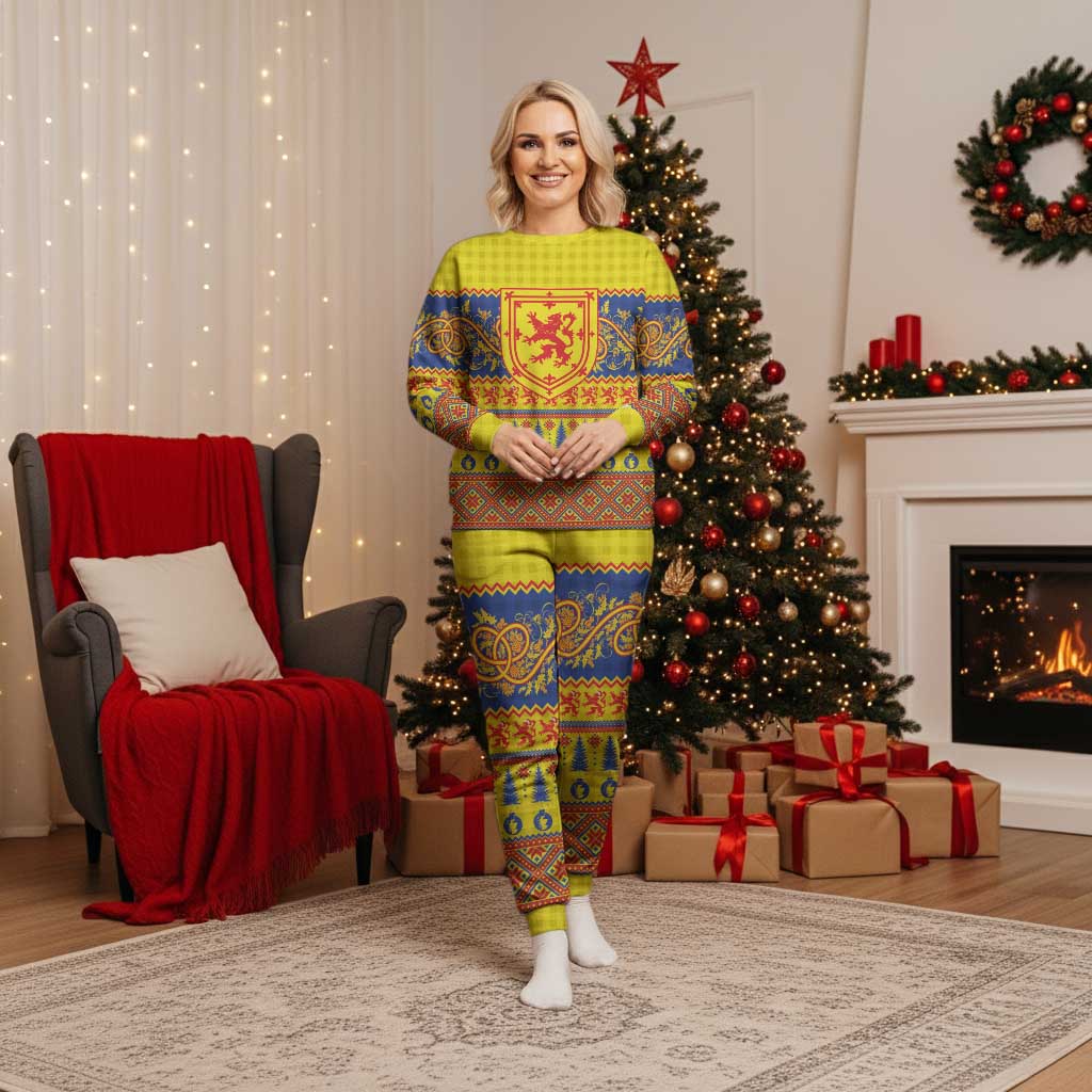 Scottish Christmas Pajama Set Scotland Thistle and Celtic Knot Yellow-Red Color - Wonder Print Shop