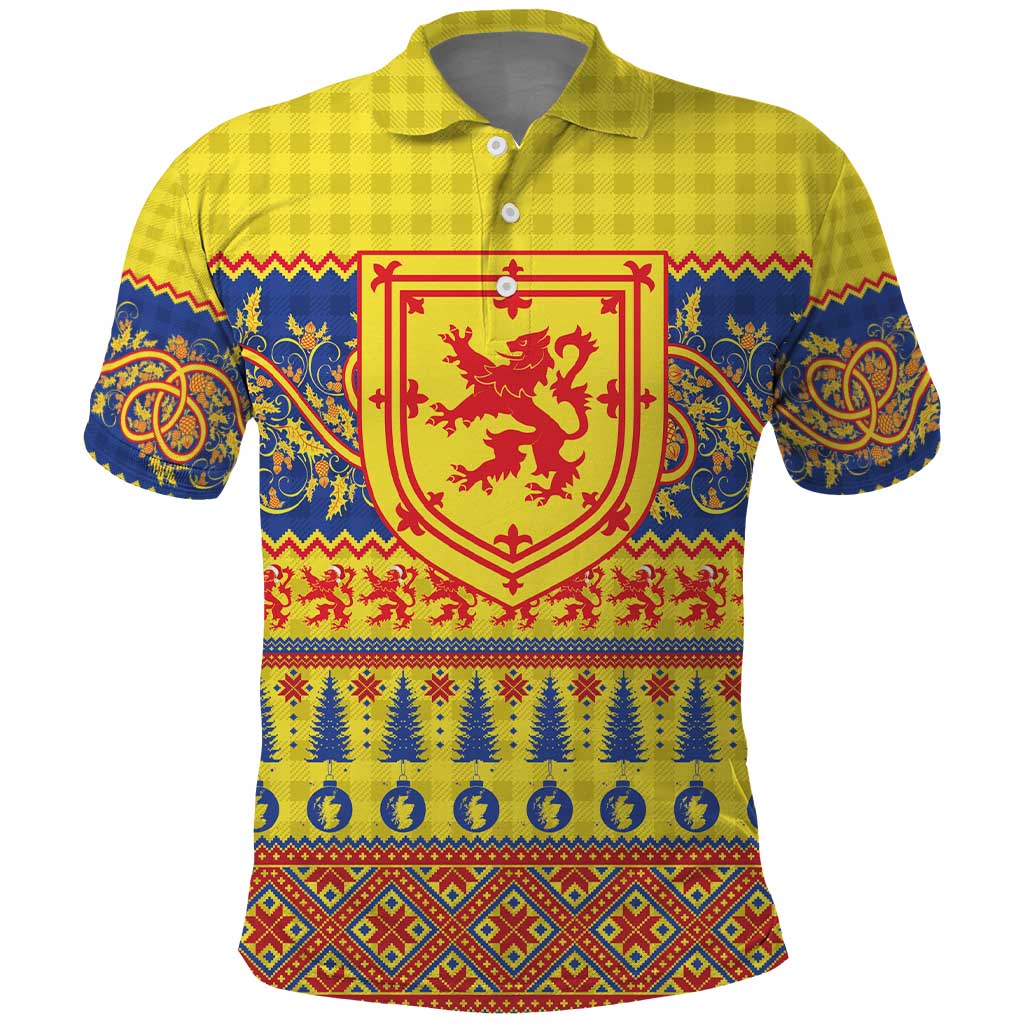 Scottish Christmas Polo Shirt Scotland Thistle and Celtic Knot Yellow-Red Color - Wonder Print Shop