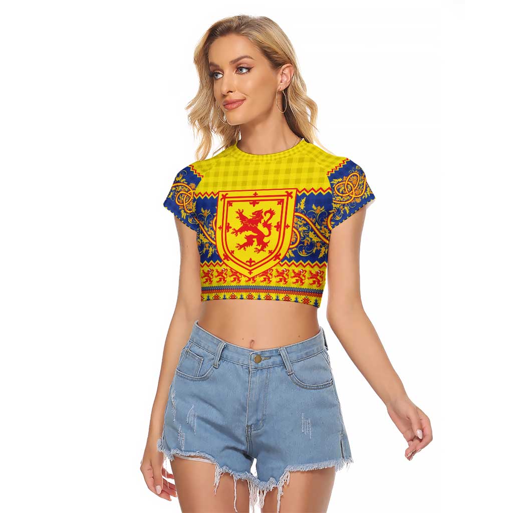 Scottish Christmas Raglan Cropped T Shirt Scotland Thistle and Celtic Knot Yellow-Red Color - Wonder Print Shop