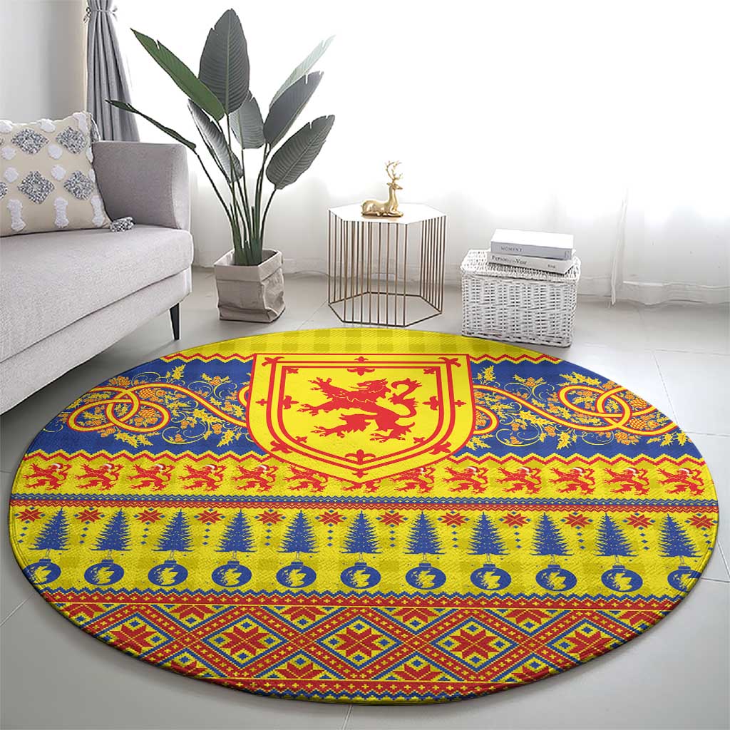 Scottish Christmas Round Carpet Scotland Thistle and Celtic Knot Yellow-Red Color - Wonder Print Shop