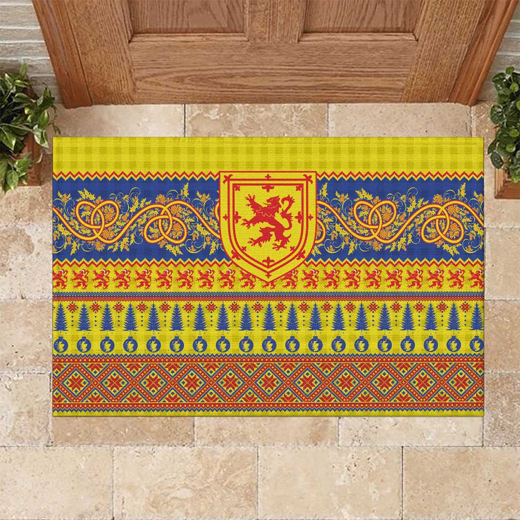 Scottish Christmas Rubber Doormat Scotland Thistle and Celtic Knot Yellow-Red Color - Wonder Print Shop