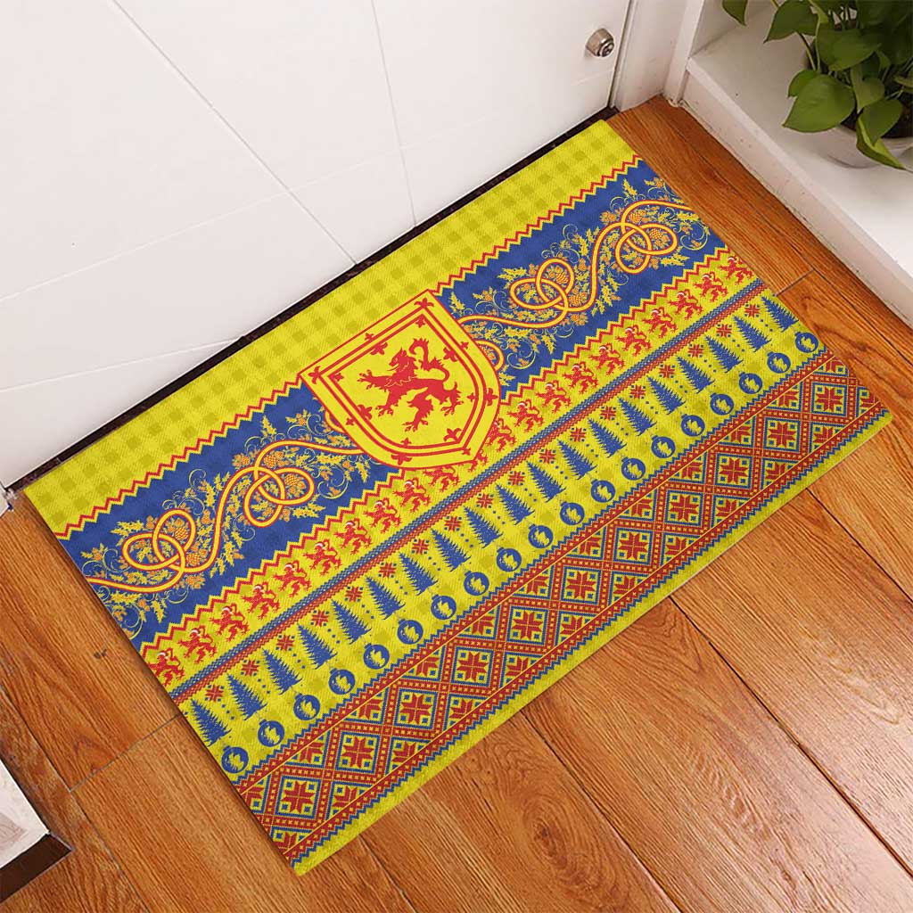 Scottish Christmas Rubber Doormat Scotland Thistle and Celtic Knot Yellow-Red Color - Wonder Print Shop