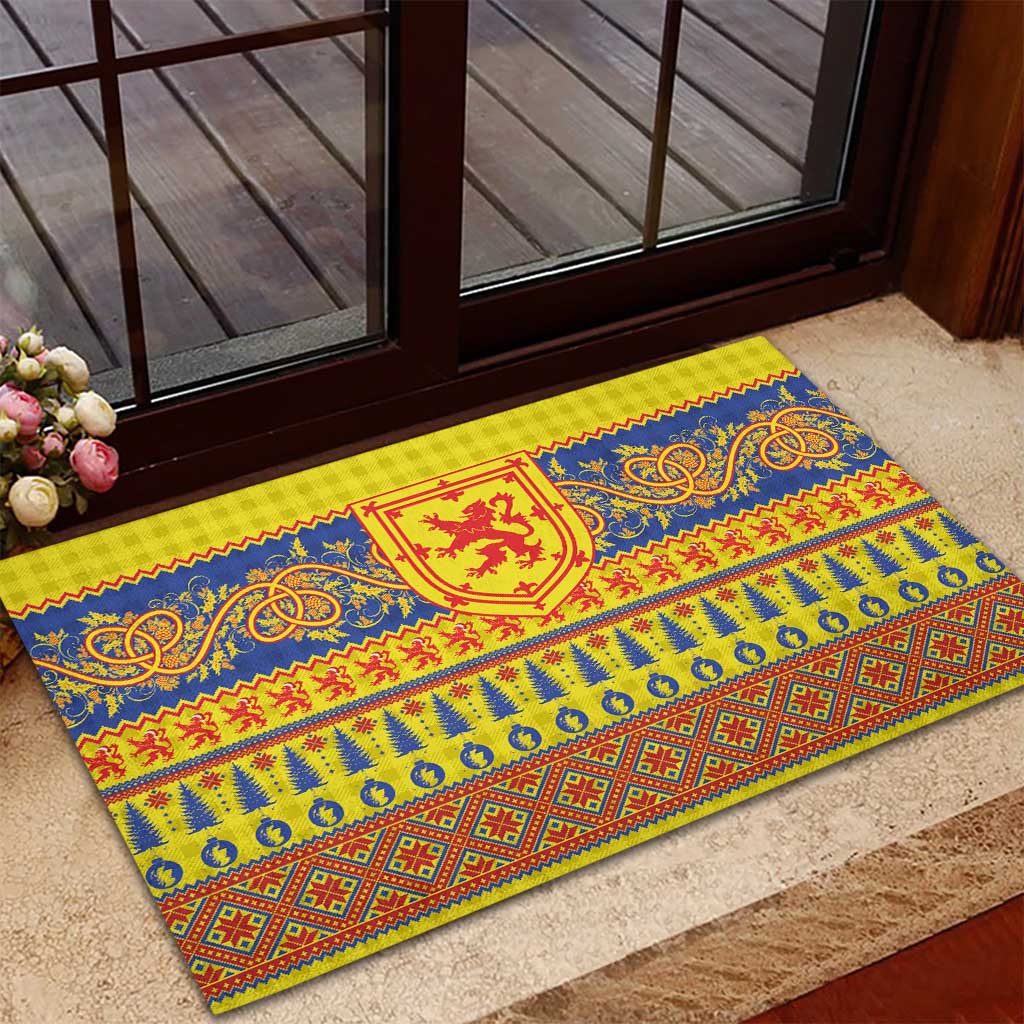 Scottish Christmas Rubber Doormat Scotland Thistle and Celtic Knot Yellow-Red Color - Wonder Print Shop