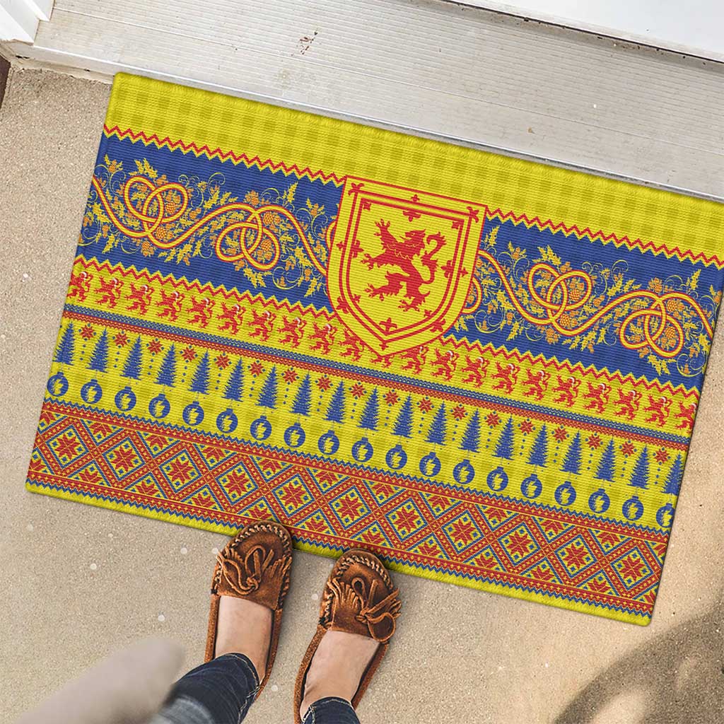 Scottish Christmas Rubber Doormat Scotland Thistle and Celtic Knot Yellow-Red Color - Wonder Print Shop