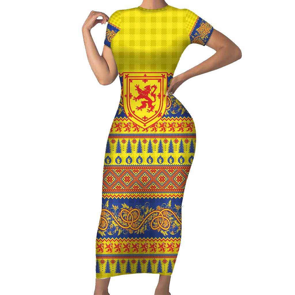 Scottish Christmas Short Sleeve Bodycon Dress Scotland Thistle and Celtic Knot Yellow-Red Color - Wonder Print Shop