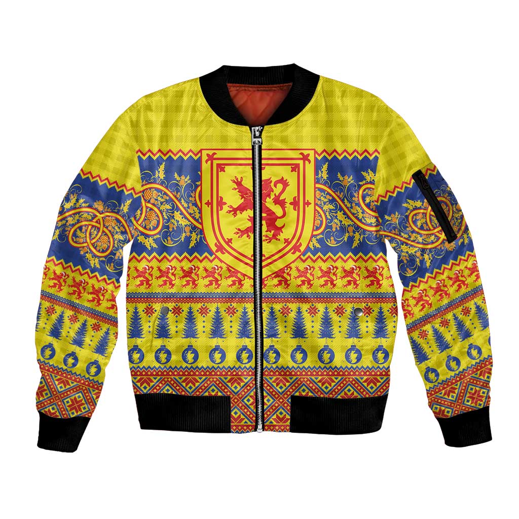 Scottish Christmas Sleeve Zip Bomber Jacket Scotland Thistle and Celtic Knot Yellow-Red Color - Wonder Print Shop