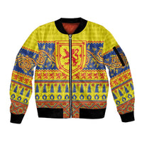 Scottish Christmas Sleeve Zip Bomber Jacket Scotland Thistle and Celtic Knot Yellow-Red Color - Wonder Print Shop