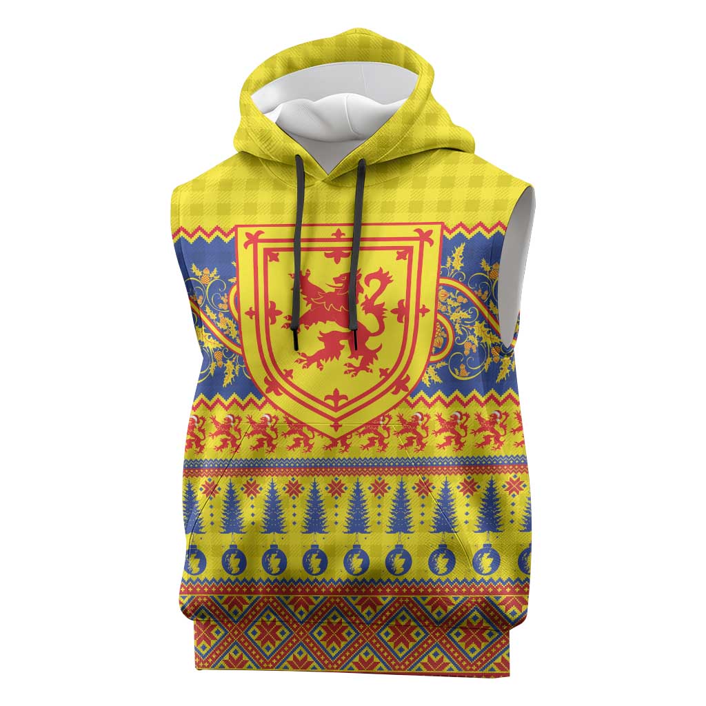 Scottish Christmas Sleeveless Hoodie Scotland Thistle and Celtic Knot Yellow-Red Color - Wonder Print Shop