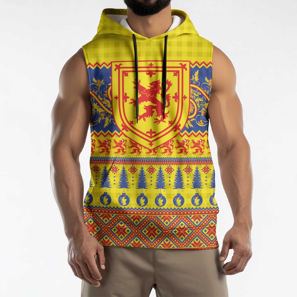 Scottish Christmas Sleeveless Hoodie Scotland Thistle and Celtic Knot Yellow-Red Color - Wonder Print Shop