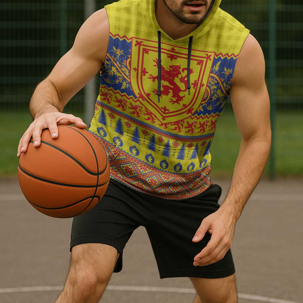 Scottish Christmas Sleeveless Hoodie Scotland Thistle and Celtic Knot Yellow-Red Color - Wonder Print Shop