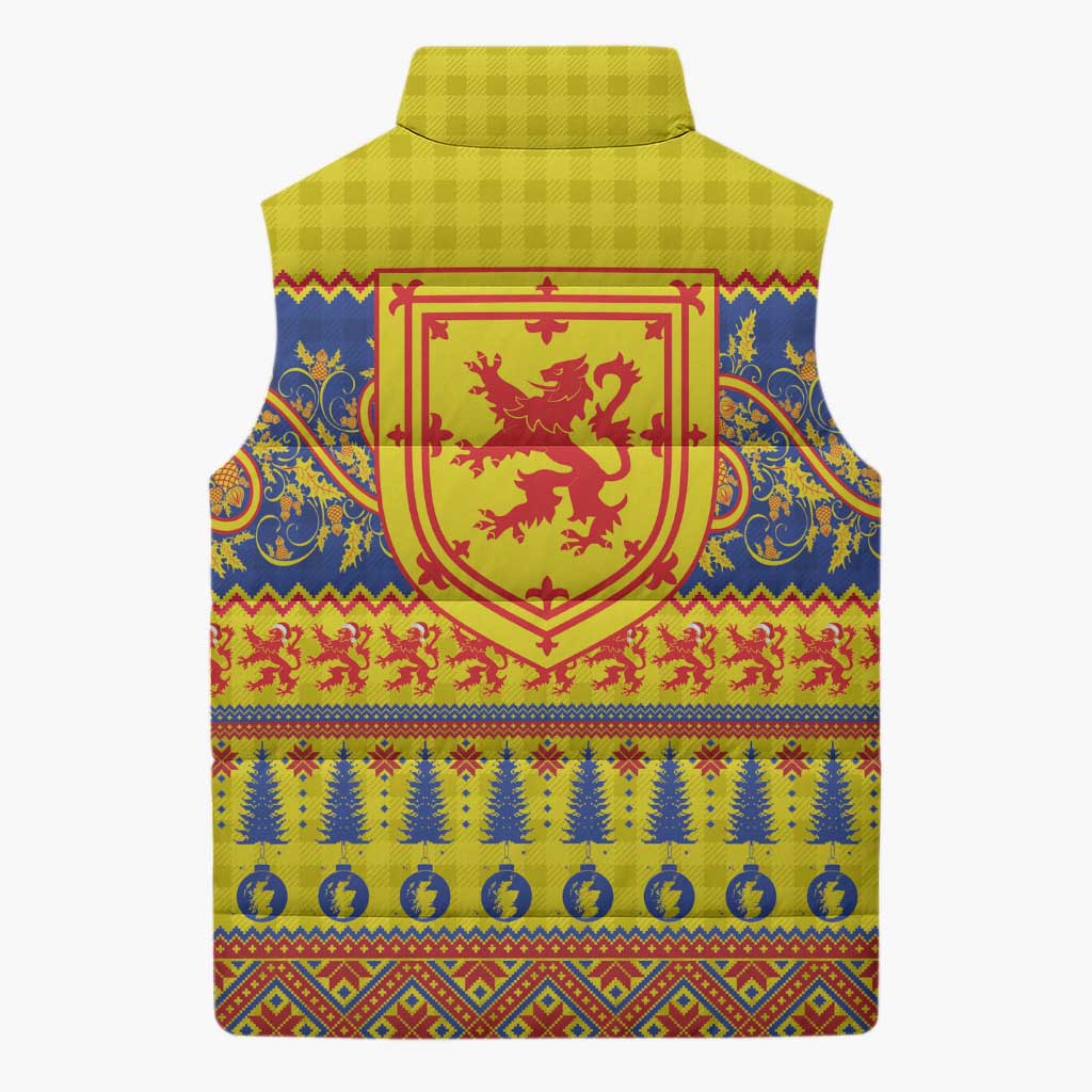 Scottish Christmas Sleeveless Puffer Jacket Scotland Thistle and Celtic Knot Yellow-Red Color - Wonder Print Shop
