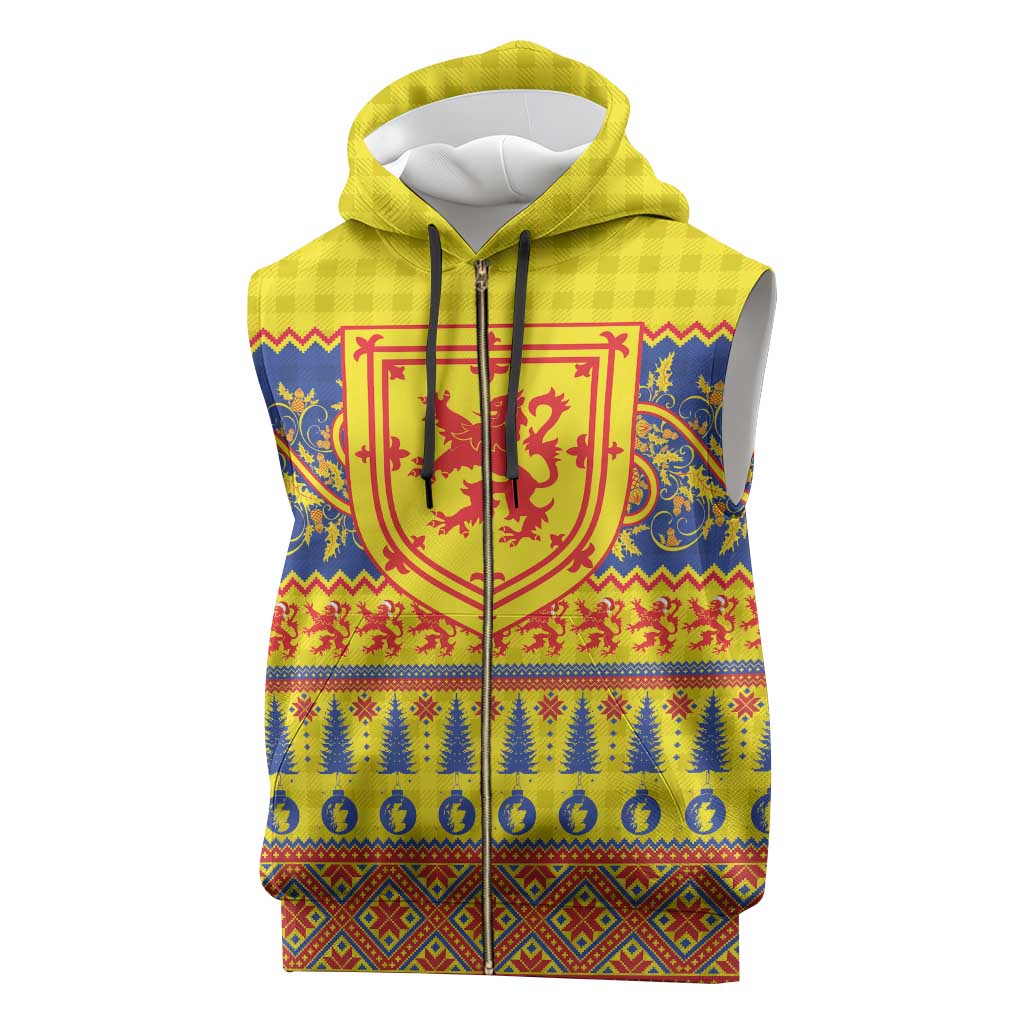 Scottish Christmas Sleeveless Zip Hoodie Scotland Thistle and Celtic Knot Yellow-Red Color - Wonder Print Shop