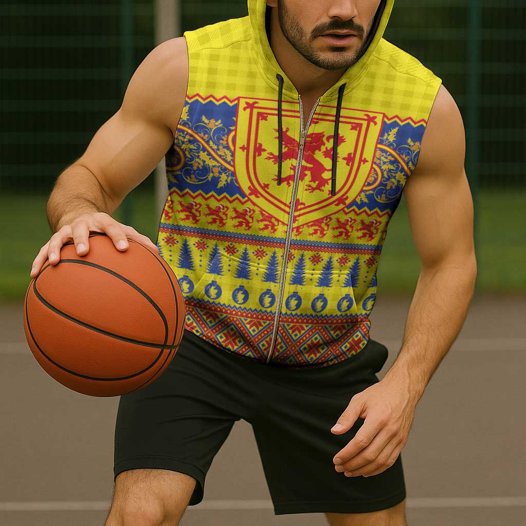 Scottish Christmas Sleeveless Zip Hoodie Scotland Thistle and Celtic Knot Yellow-Red Color - Wonder Print Shop