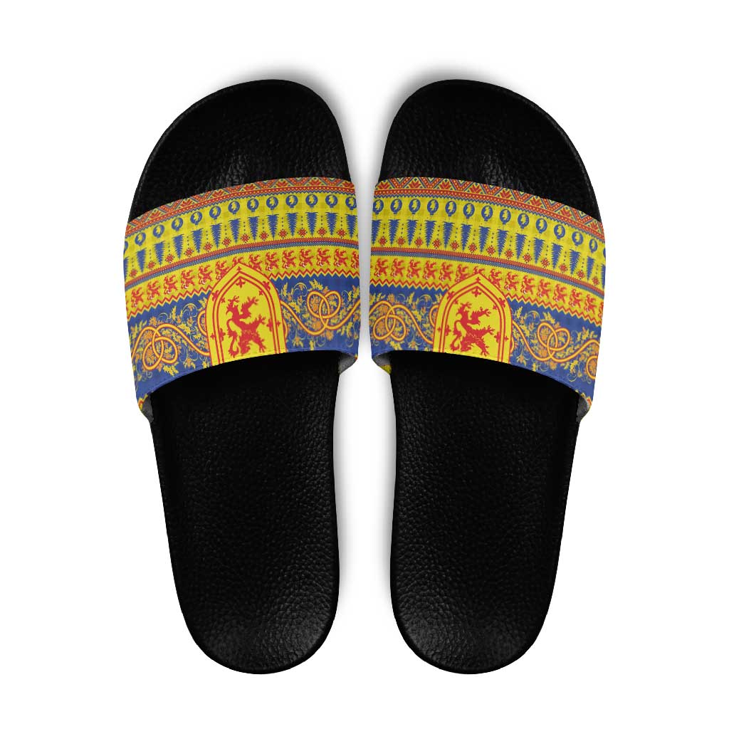 Scottish Christmas Slide Sandals Scotland Thistle and Celtic Knot Yellow-Red Color - Wonder Print Shop