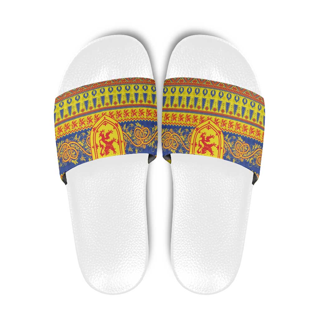 Scottish Christmas Slide Sandals Scotland Thistle and Celtic Knot Yellow-Red Color - Wonder Print Shop