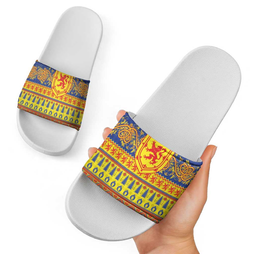 Scottish Christmas Slide Sandals Scotland Thistle and Celtic Knot Yellow-Red Color - Wonder Print Shop