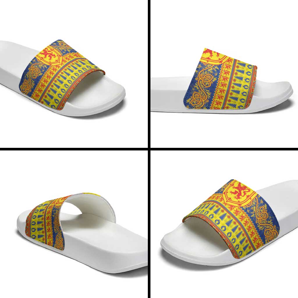 Scottish Christmas Slide Sandals Scotland Thistle and Celtic Knot Yellow-Red Color - Wonder Print Shop