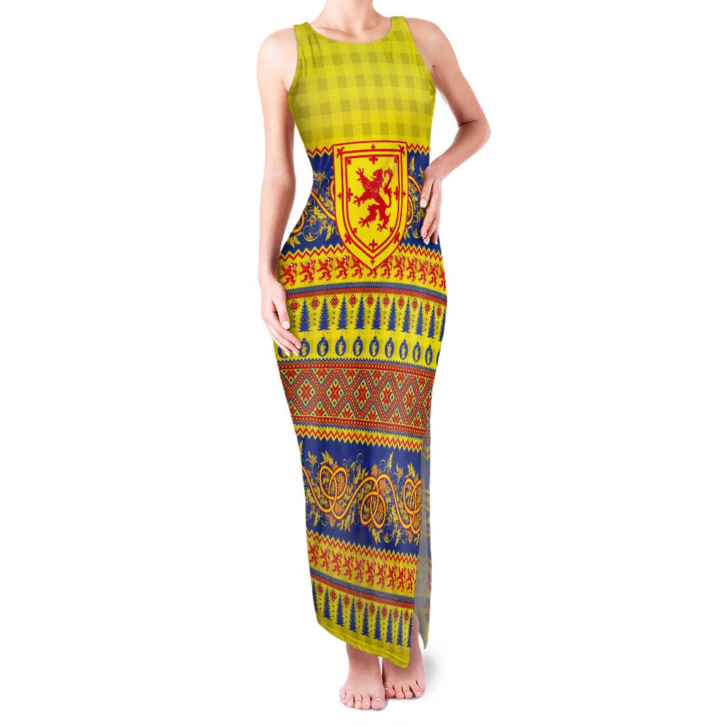 Scottish Christmas Tank Maxi Dress Scotland Thistle and Celtic Knot Yellow-Red Color - Wonder Print Shop