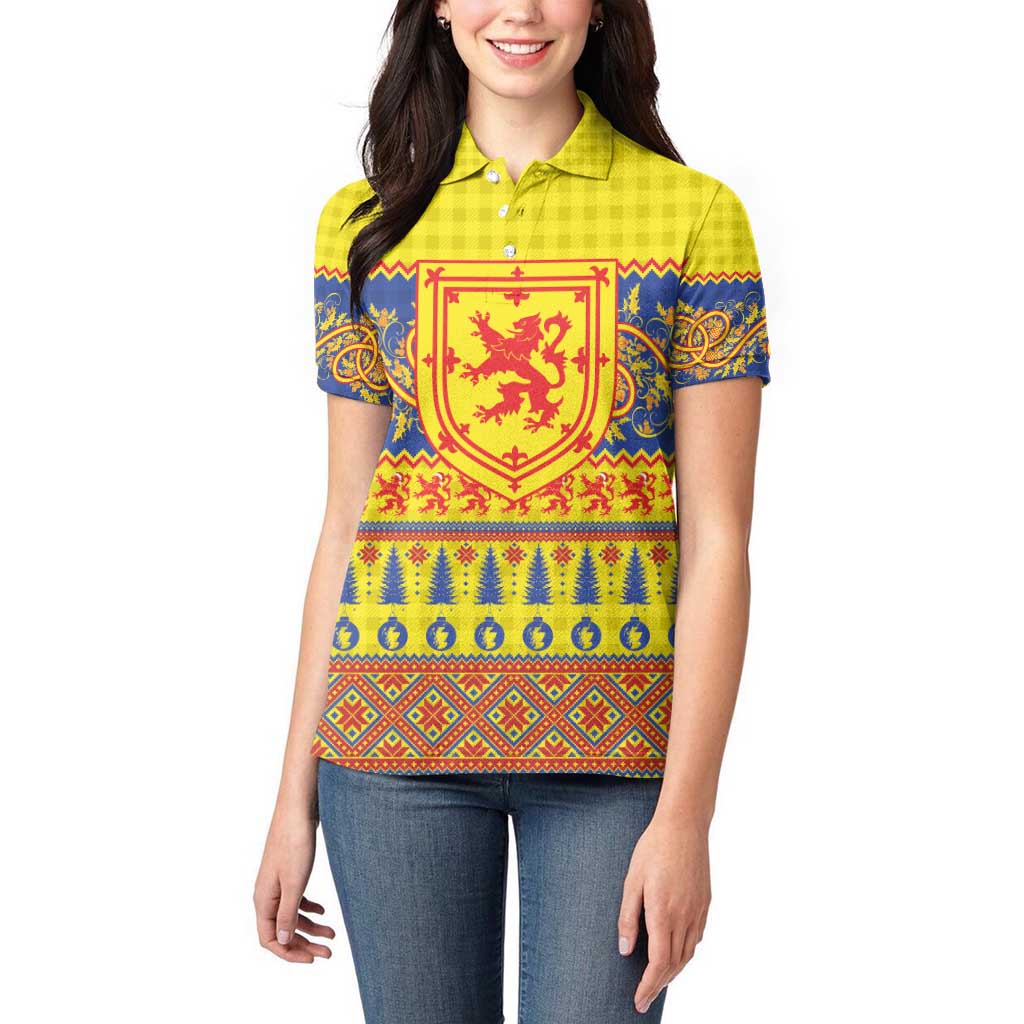 Scottish Christmas Women Polo Shirt Scotland Thistle and Celtic Knot Yellow-Red Color - Wonder Print Shop