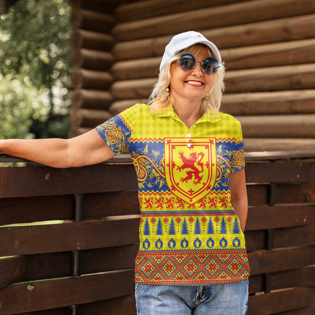 Scottish Christmas Women Polo Shirt Scotland Thistle and Celtic Knot Yellow-Red Color - Wonder Print Shop