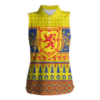 Scottish Christmas Women Sleeveless Polo Shirt Scotland Thistle and Celtic Knot Yellow-Red Color - Wonder Print Shop