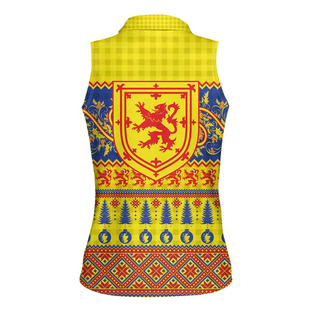 Scottish Christmas Women Sleeveless Polo Shirt Scotland Thistle and Celtic Knot Yellow-Red Color - Wonder Print Shop