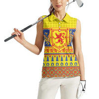 Scottish Christmas Women Sleeveless Polo Shirt Scotland Thistle and Celtic Knot Yellow-Red Color - Wonder Print Shop