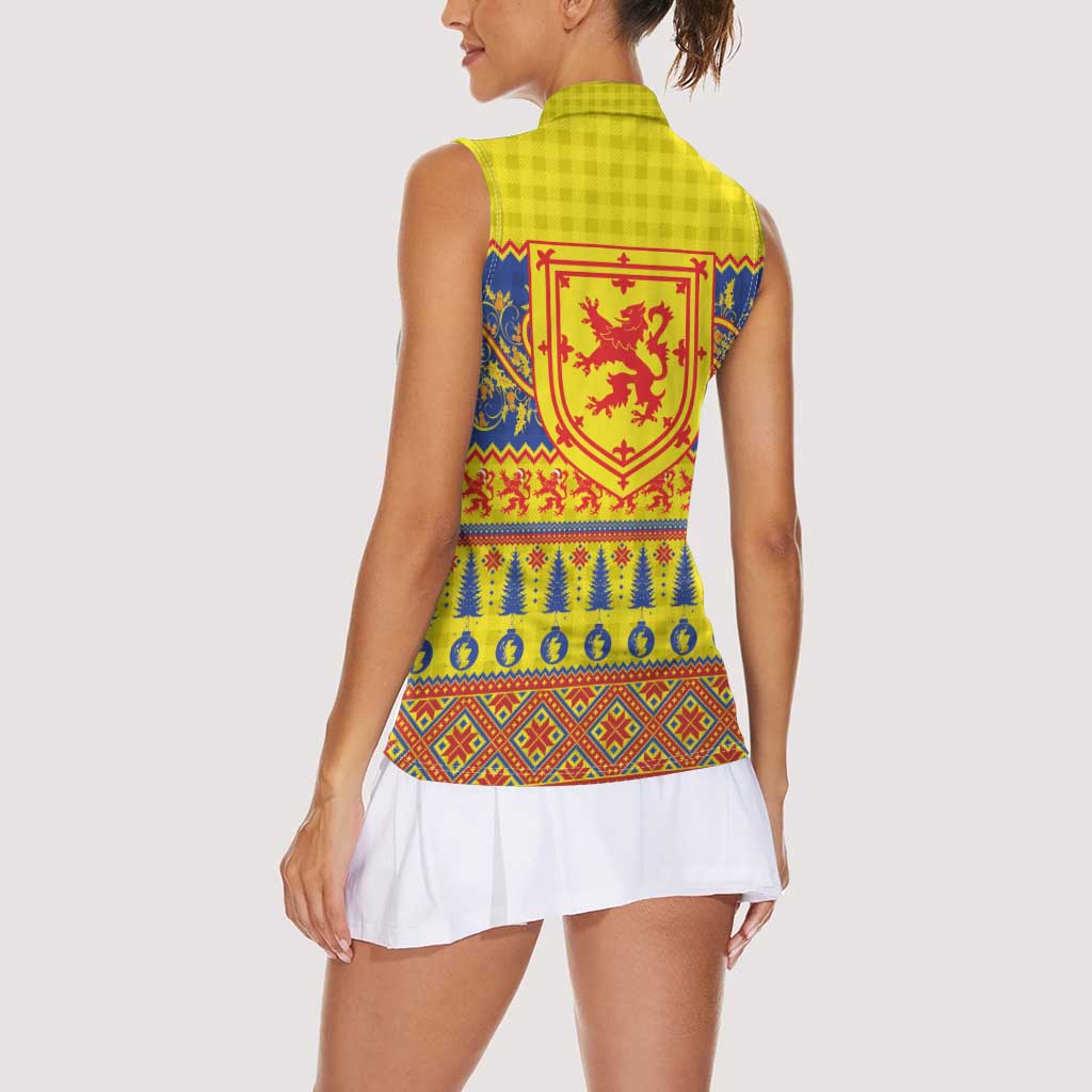 Scottish Christmas Women Sleeveless Polo Shirt Scotland Thistle and Celtic Knot Yellow-Red Color - Wonder Print Shop