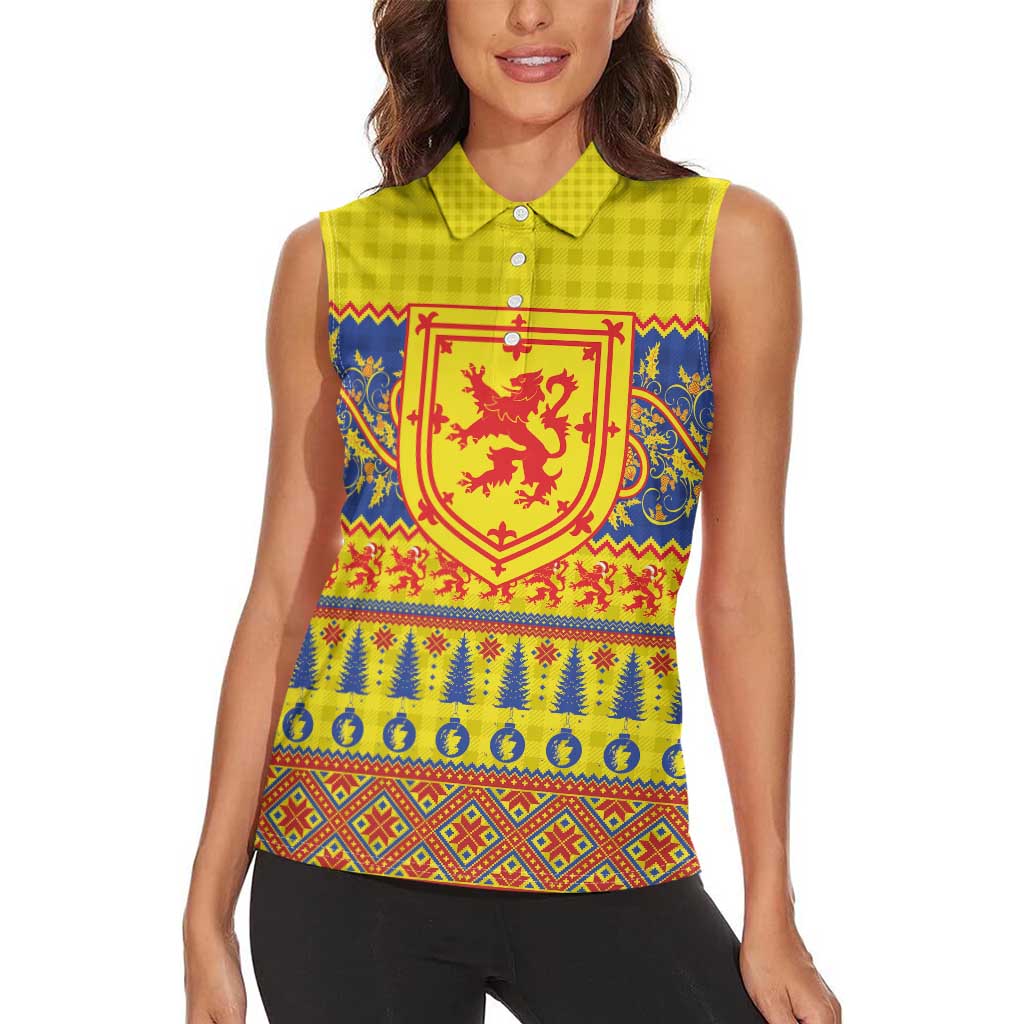 Scottish Christmas Women Sleeveless Polo Shirt Scotland Thistle and Celtic Knot Yellow-Red Color - Wonder Print Shop