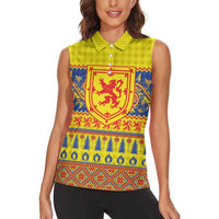 Scottish Christmas Women Sleeveless Polo Shirt Scotland Thistle and Celtic Knot Yellow-Red Color - Wonder Print Shop