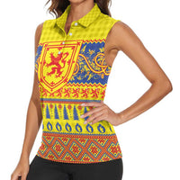 Scottish Christmas Women Sleeveless Polo Shirt Scotland Thistle and Celtic Knot Yellow-Red Color - Wonder Print Shop
