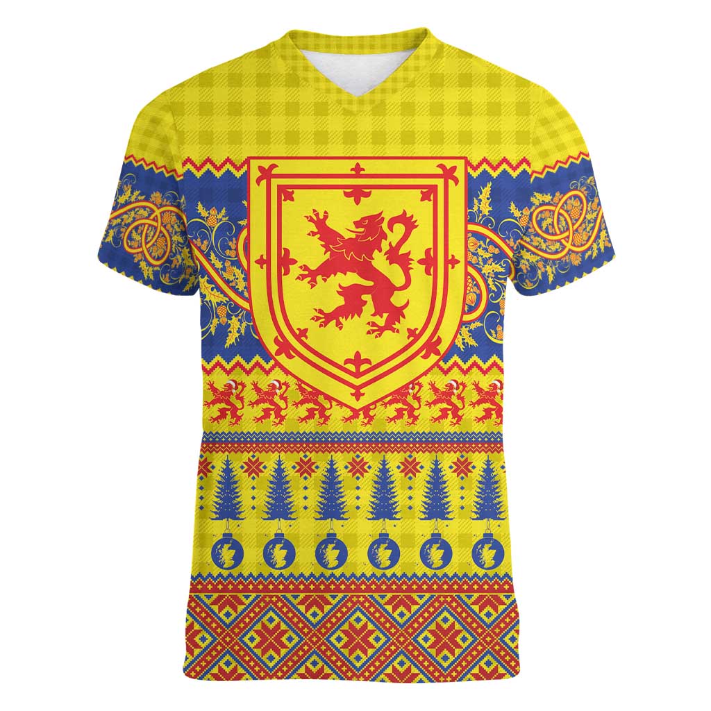 Scottish Christmas Women V-Neck T-Shirt Scotland Thistle and Celtic Knot Yellow-Red Color - Wonder Print Shop