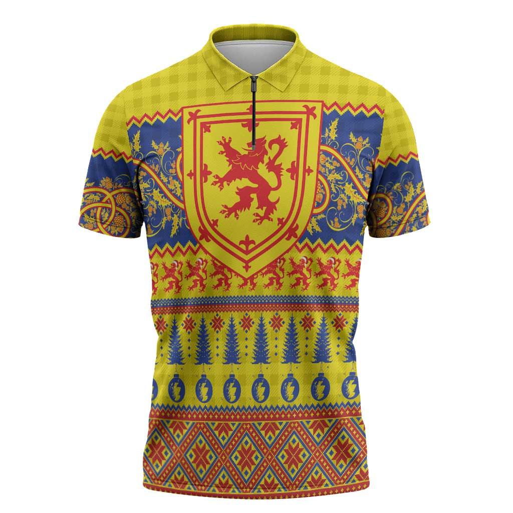 Scottish Christmas Zipper Polo Shirt Scotland Thistle and Celtic Knot Yellow-Red Color - Wonder Print Shop