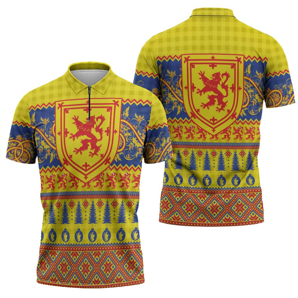 Scottish Christmas Zipper Polo Shirt Scotland Thistle and Celtic Knot Yellow-Red Color - Wonder Print Shop