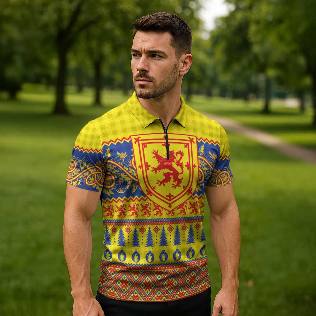 Scottish Christmas Zipper Polo Shirt Scotland Thistle and Celtic Knot Yellow-Red Color - Wonder Print Shop