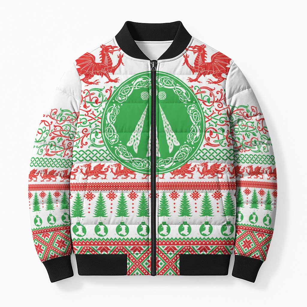 Welsh Christmas Bomber Puffer Jacket Awen and Celtics Culture with Xmas Elements - Wonder Print Shop